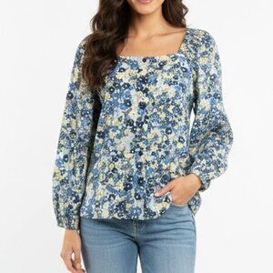 Ann Taylor Floral Square Neck Button Front Blouse Medium Blue Yellow